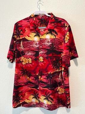 Design In Italy Luxury Red Tropical Sunset Hawaiian Button Down Shirt XL-Tall